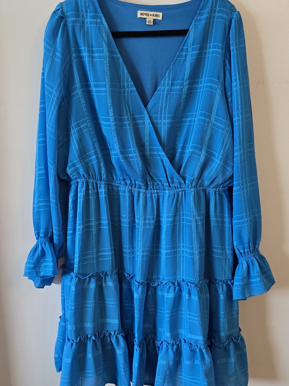 Inspired Hearts Teal-Blue Tiered V-Neck Long Sleeve Dress